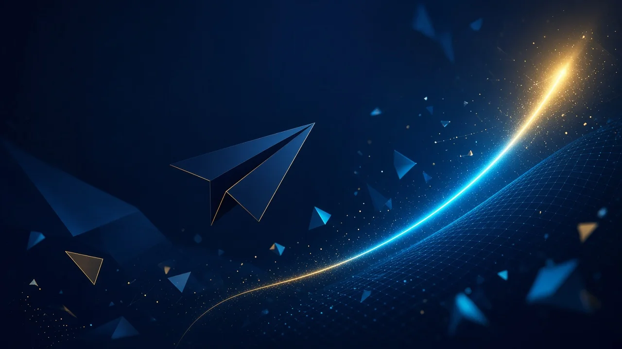 Stylised plane rising beside a glowing multiplier display over a dark blue crash-game interface with gold and cyan accents