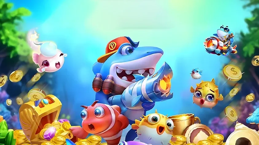 Cartoon underwater fish-shooter scene: a shark with a cannon, treasure and coins, and colourful fish in sunlit blue water