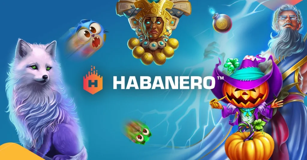 Habanero brand logo with colourful slot-game characters including a white fox, pumpkin scarecrow, and thunder god on a blue lightning background