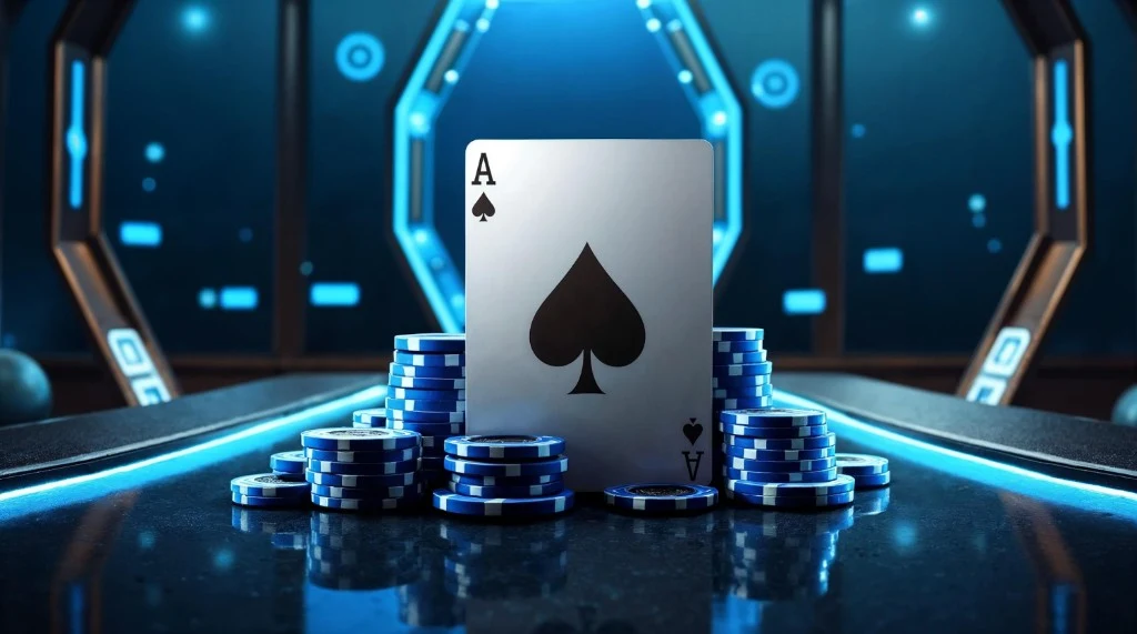 Ace of spades playing card with blue casino chips on a glossy reflective surface under cool neon blue casino lighting